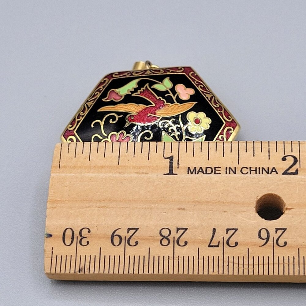 Cloisonne Pendant Colorful Bird Flowers Floral Scrollwork Edge Hexagonal Shape - Picture 4 of 4